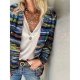 Women's Jacket Daily Fall Regular Coat V Neck Regular Fit Casual Jacket Long Sleeve Striped Print Blue