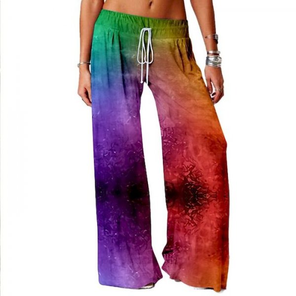 Women's Basic Soft Comfort Daily Home Wide Leg Pants Color Block Tie Dye Full Length Elastic Drawstring Design Print Purple Red