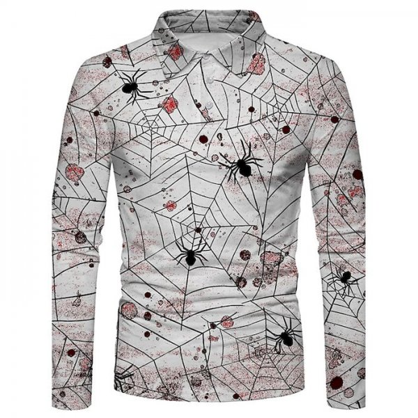 Men's Golf Shirt 3D Print Spider Spider web 3D Print Button-Down Long Sleeve Halloween Tops Sportswear Casual Fashion Comfortabl