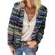 Women's Jacket Daily Fall Regular Coat V Neck Regular Fit Casual Jacket Long Sleeve Striped Print Blue