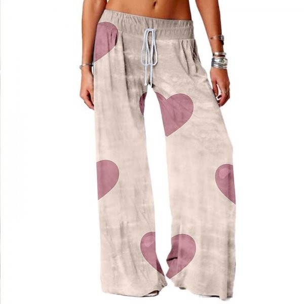 Women's Basic Soft Comfort Daily Home Wide Leg Pants Graphic Heart Full Length Elastic Drawstring Design Print White