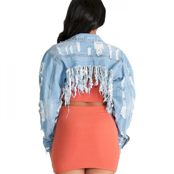 women's tassels classic ripped cropped backless denim jacket coat light blue s